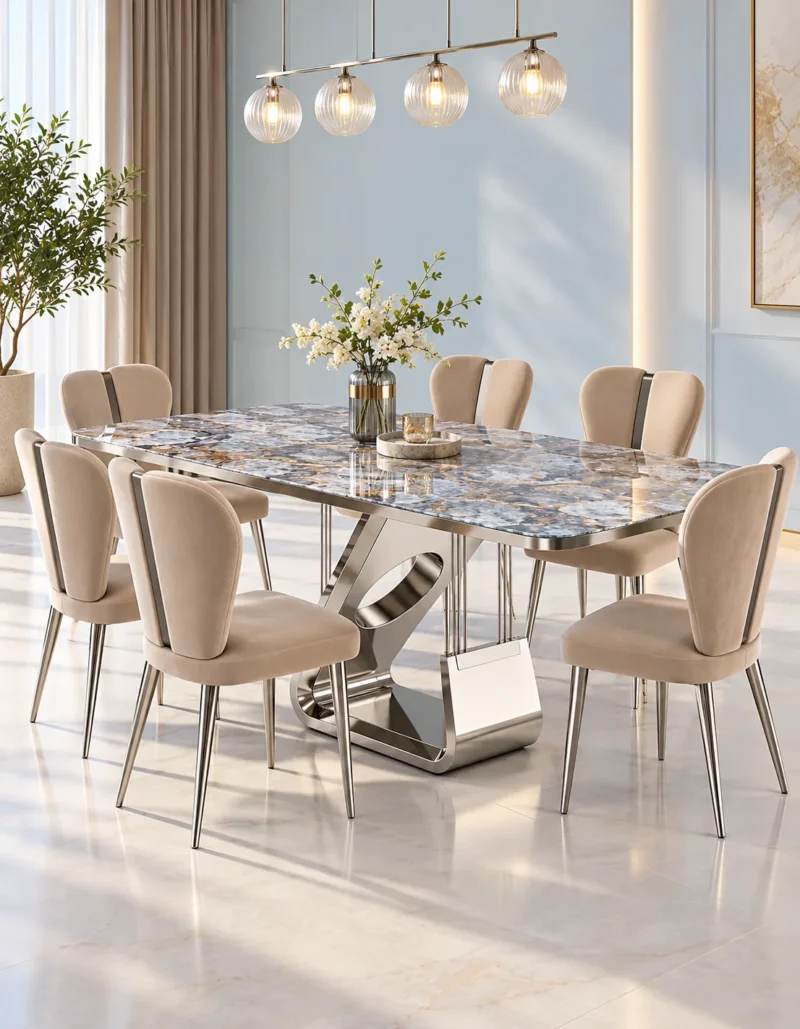 Modern six seater marble dining table with polished silver sculptural base and cream fabric dining chairs