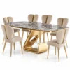 Zenvora Luxe gold stainless steel marble dining table set with six cream upholstered chairs on white background