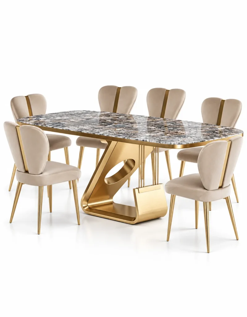 Zenvora Luxe gold stainless steel marble dining table set with six cream upholstered chairs on white background