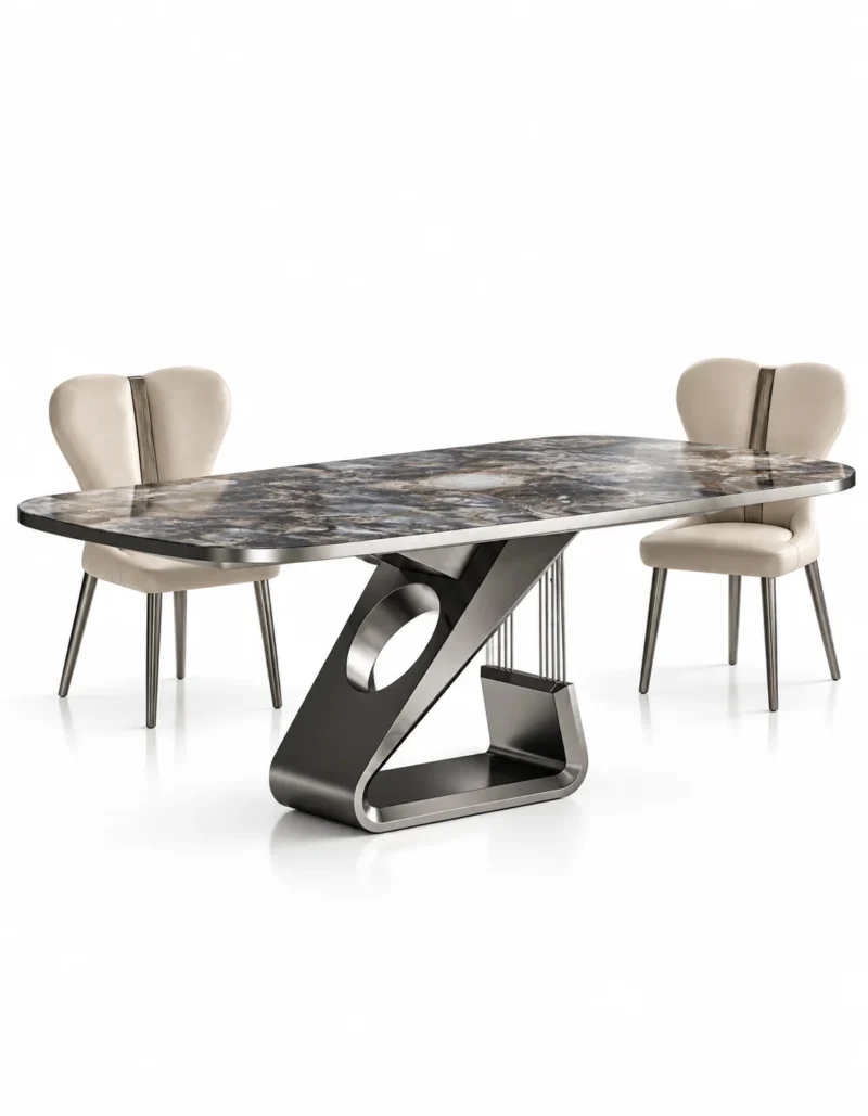 Zenvora Luxe black stainless steel marble dining table set with white background