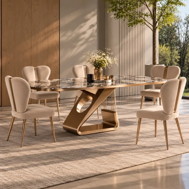 Six seater designer marble dining table with rose gold sculptural base and beige upholstered dining chairs