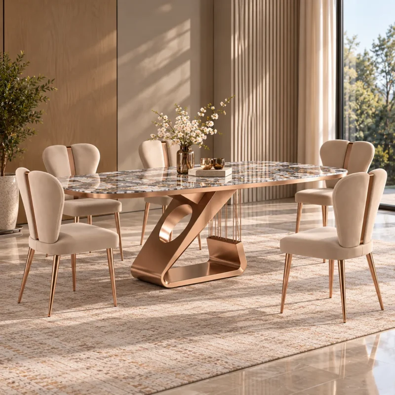 Luxury six seater marble dining table with gold sculptural stainless steel base and cream upholstered chairs