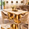 Zeravia double pedestal marble dining table with upholstered chairs