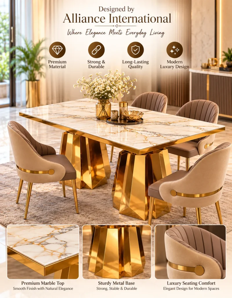 Zeravia double pedestal marble dining table with upholstered chairs