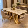 Luxury marble dining table with gold double pedestal base