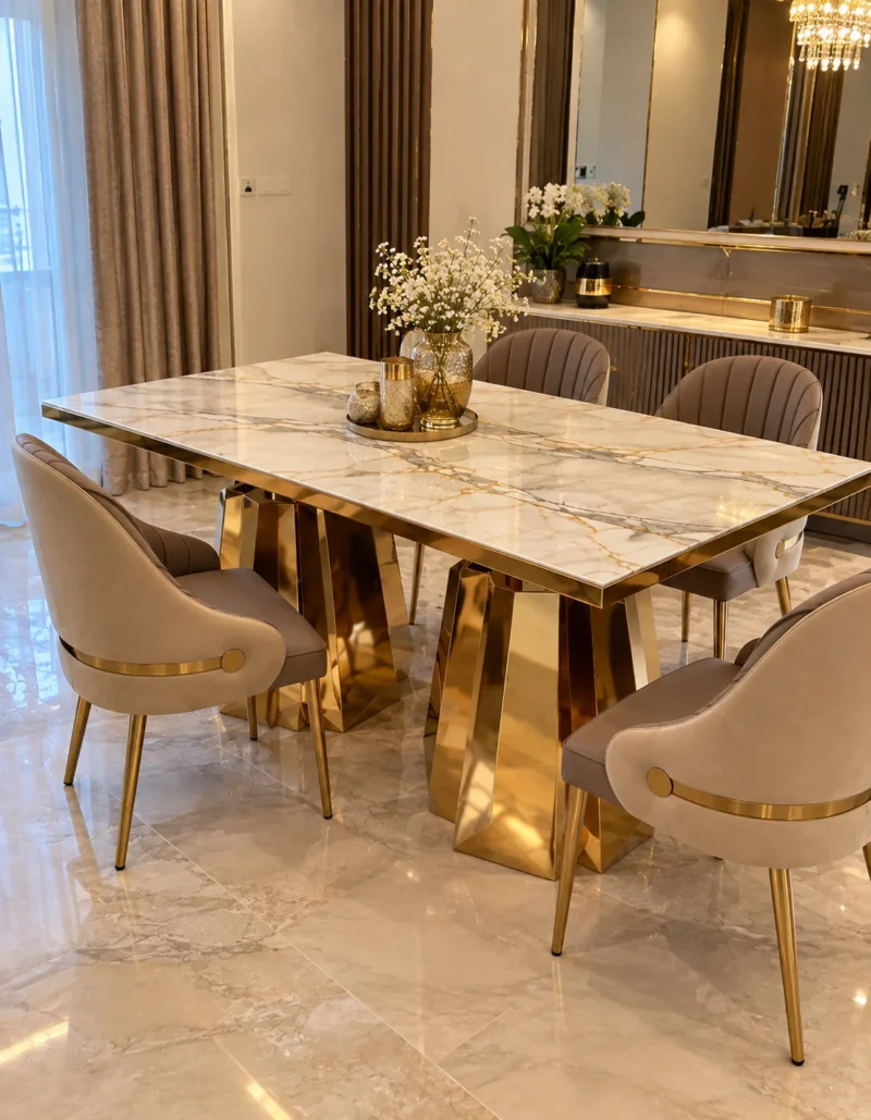 Luxury marble dining table with gold double pedestal base