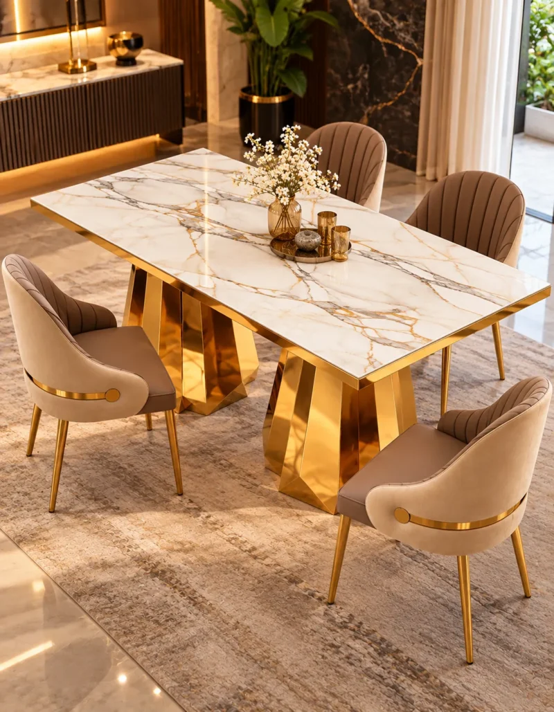 Designer marble dining table with faceted gold pedestal base