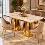 Modern marble dining table with stainless steel double pedestal base