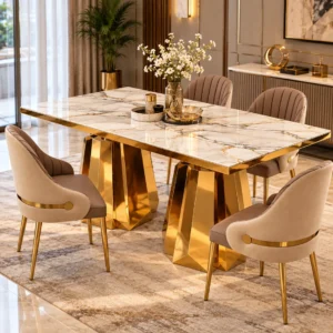Modern marble dining table with stainless steel double pedestal base