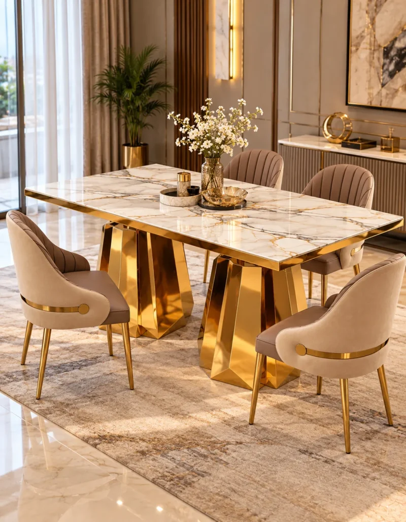 Modern marble dining table with stainless steel double pedestal base