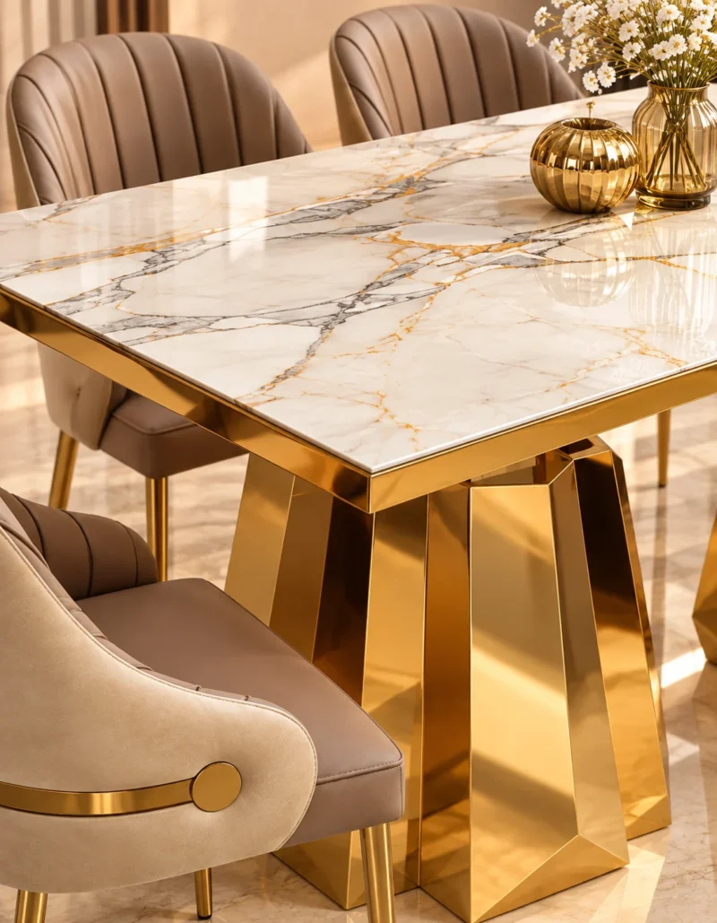 Close up of marble dining table top and gold stainless steel base