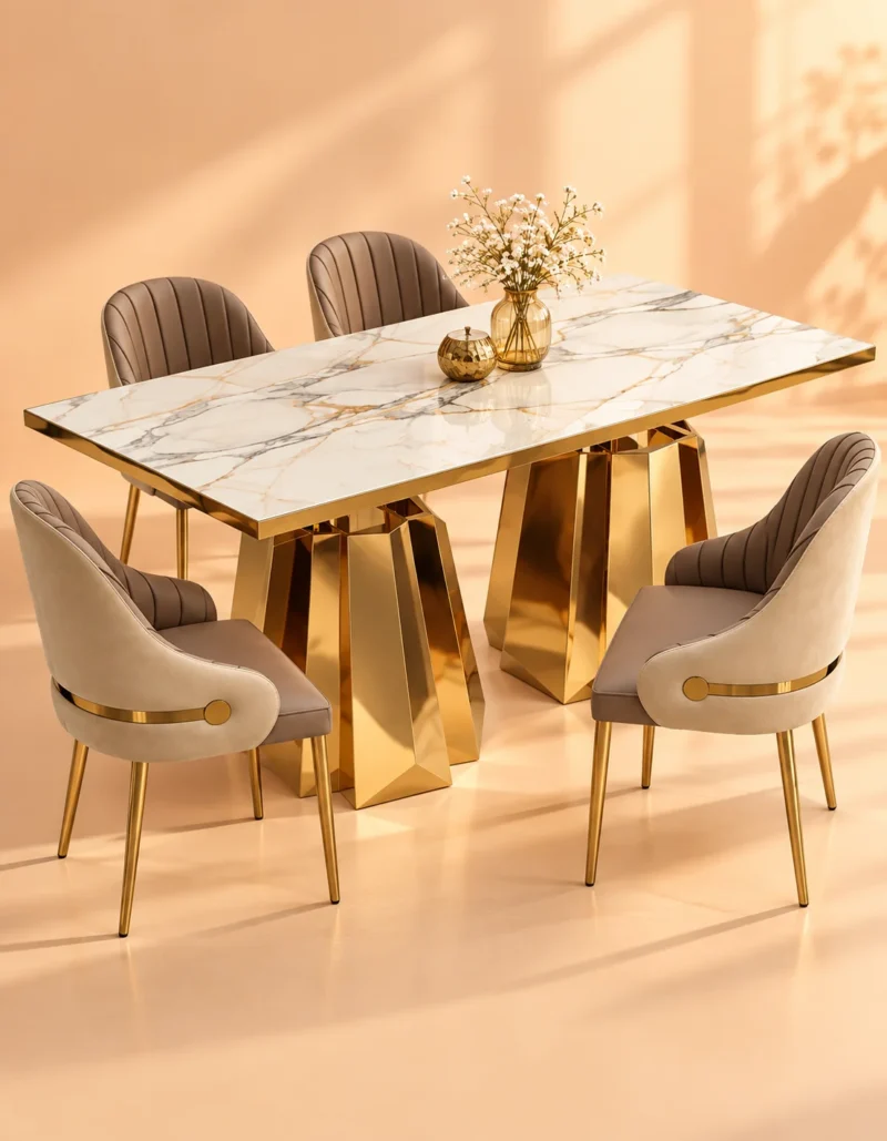 Zeravia luxury marble dining table with four upholstered chairs