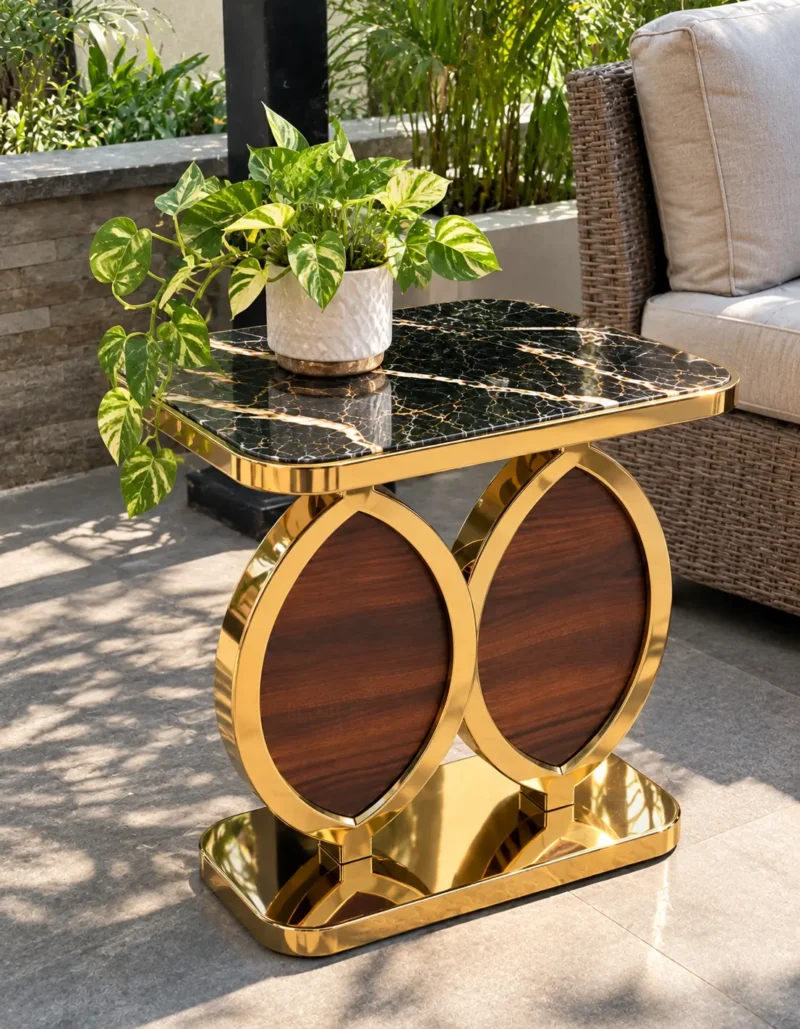 Black marble and gold side table with walnut-look dual oval supports styled beside an outdoor patio sofa.