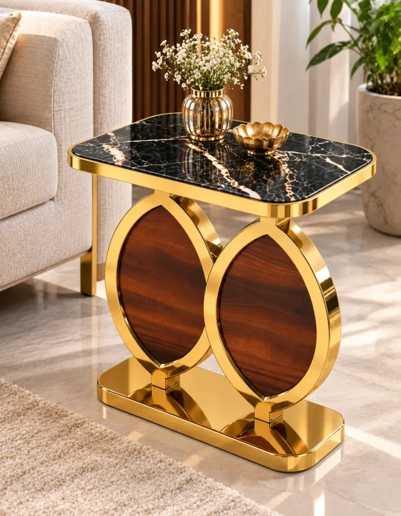 Luxury black marble side table with gold-finish dual oval frame and walnut-look panels positioned beside a beige sofa.