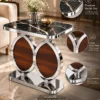 Zorvella Luxe chrome marble side table with black veined marble top, dual oval gold frame and walnut-look panels.