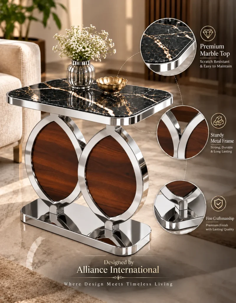 Zorvella Luxe chrome marble side table with black veined marble top, dual oval gold frame and walnut-look panels.