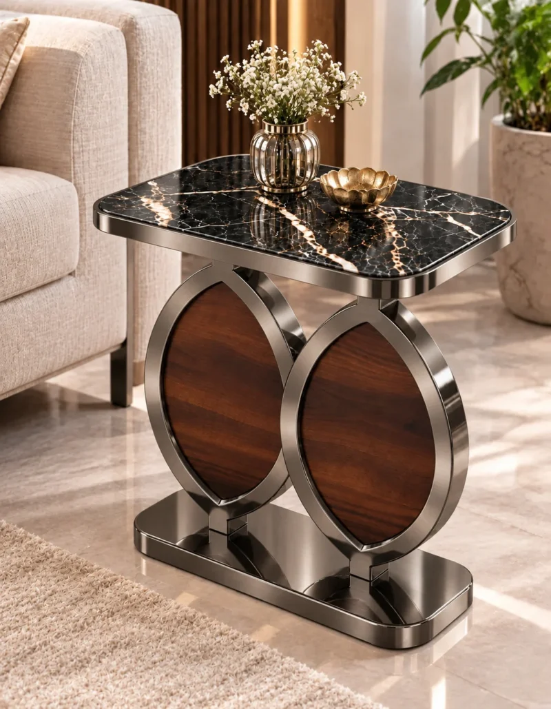 Luxury black marble side table with gun matel-finish dual oval frame and walnut-look panels positioned beside a beige sofa.