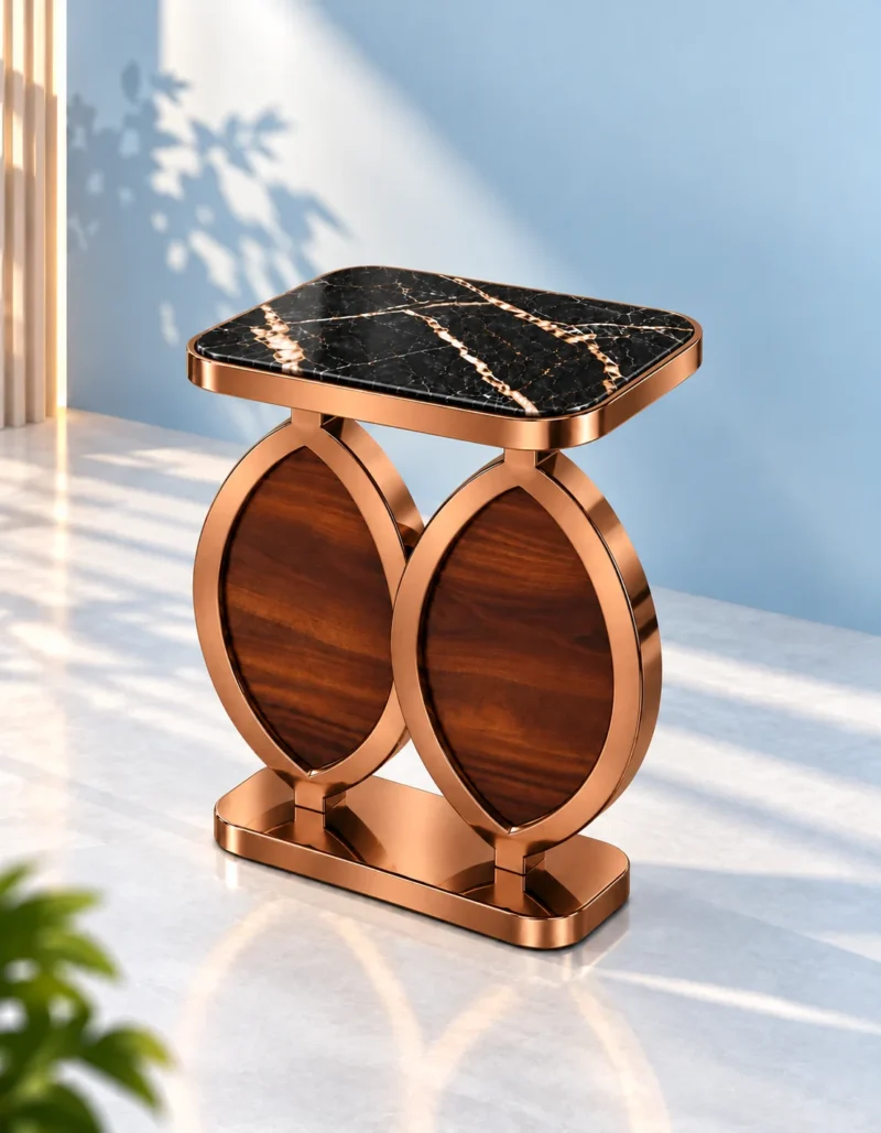 Modern antique coper side table with black marble top and two walnut-look oval supports displayed against a soft blue wall.