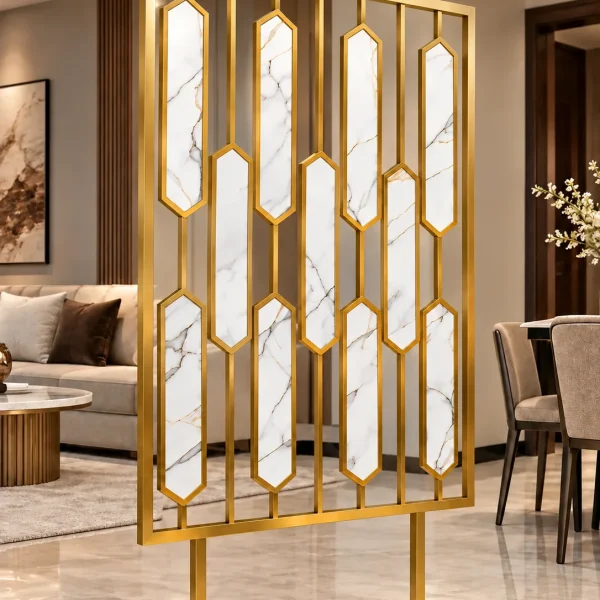 Hexara luxury room partition with geometric gold PVD design in modern interior