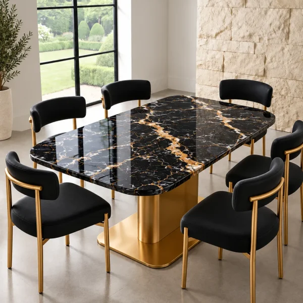 Alvara Luxe gold vein marble dining table with gold pedestal base and upholstered chairs