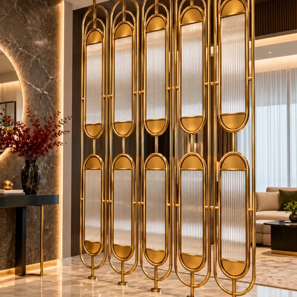 Arcelle Deco gold arched fluted glass room divider in modern interior