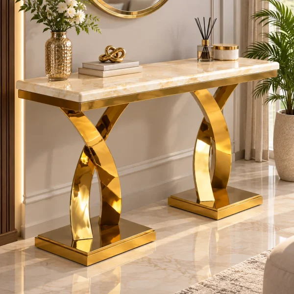 Modern gold stainless steel console table with double curved base and marble top