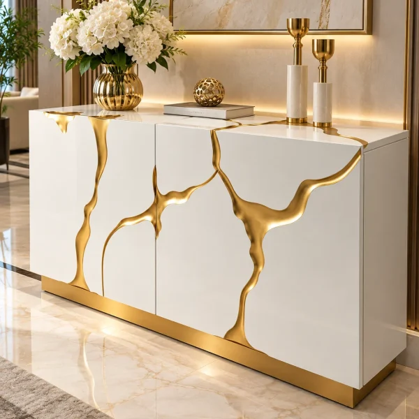 Aurelia Flow gold inlay console table with white cabinet storage and abstract gold detailing