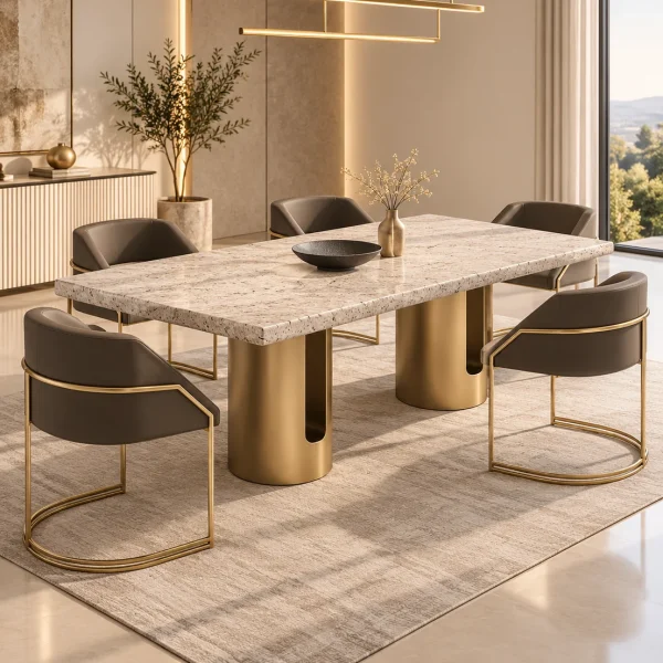 Aureon Luxe marble dining table with gold pedestal base and upholstered chairs