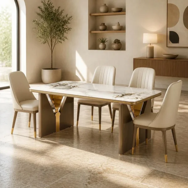 Aurevia Luxe luxury marble dining table with upholstered chairs and gold accent designer base