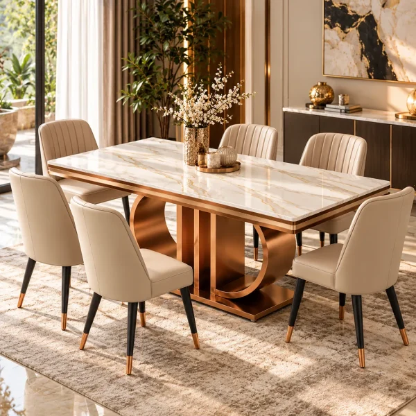 Modern six-seater dining table with white and gold-veined marble top, rose-gold pedestal and ivory fabric dining chairs.
