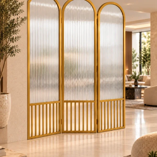 Aveline Arch three-panel fluted glass partition with gold frames and arched tops