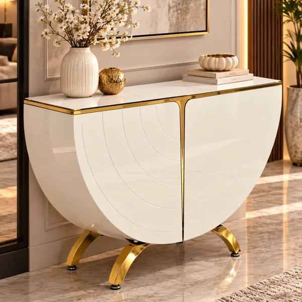 Designer half moon console cabinet with white curved doors and gold accents