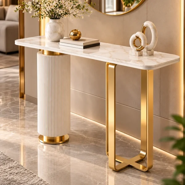 Elvara Luxe asymmetrical console table with marble-style top and gold frame