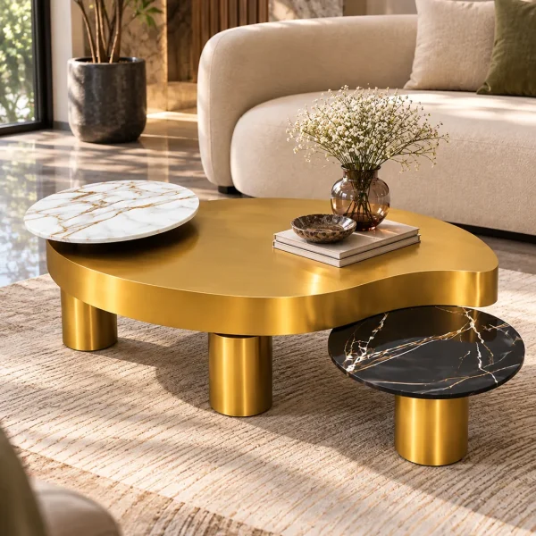 Luxury gold centre table with white and black marble accents displayed in front of a curved cream sofa in a modern living room.