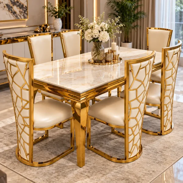 Modern gold and marble dining table with geometric chairs