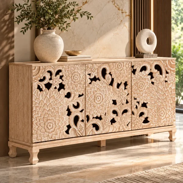 Florina floral carved console table with three decorative front panels and a light natural finish