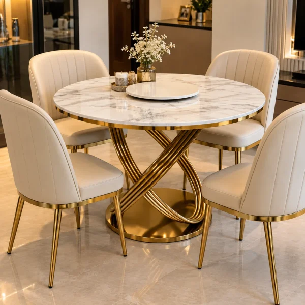 Modern 4 seater marble dining set with gold stainless steel loop pedestal in luxury home