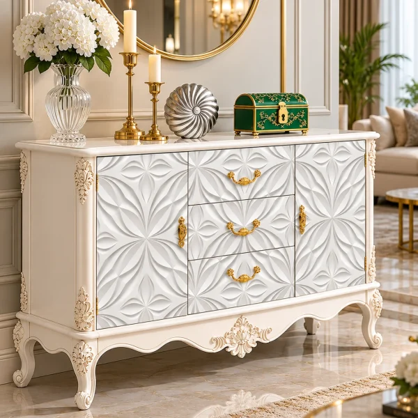 Ivoria carved console table with storage drawers, side cabinets and white decorative panels