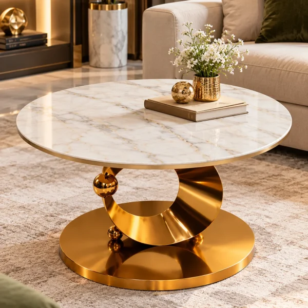 Alternate interior view of the Lunara luxury marble coffee table featuring its crescent-inspired gold base and round marble surface.