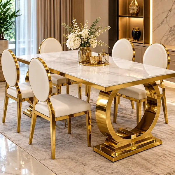 Luxury 6 seater marble dining table with double U gold base