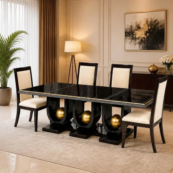 Orion black dining table with three gold sphere supports and four cream chairs
