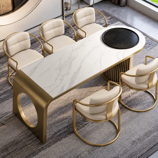 Orlena Luxe white marble dining table with gold base and upholstered chairs