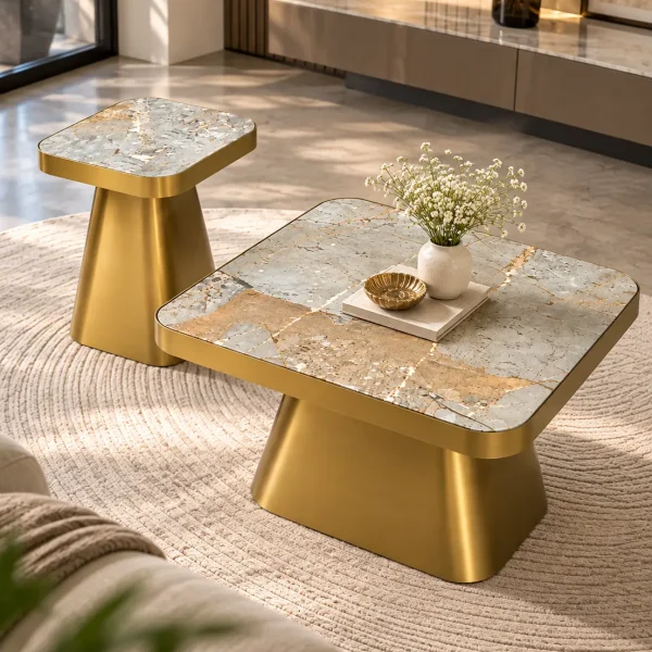 Modern marble centre table set with grey gold veined rectangular tops and tapered metallic bases in a sunlit interior.