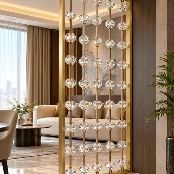 Luxury crystal bead room partition with gold frame in modern living room