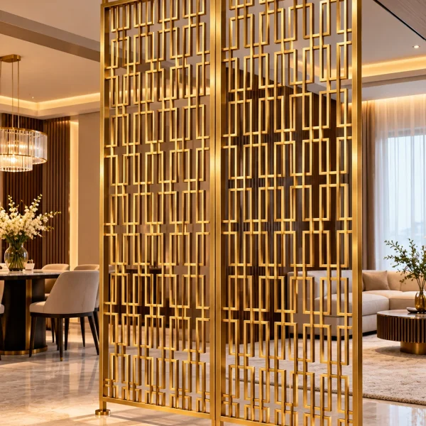 Rectara Luxe two panel geometric room partition with gold stainless steel frame