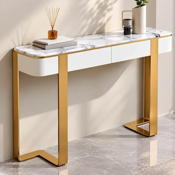 Serena Luxe marble console table with drawers, white top and gold frame