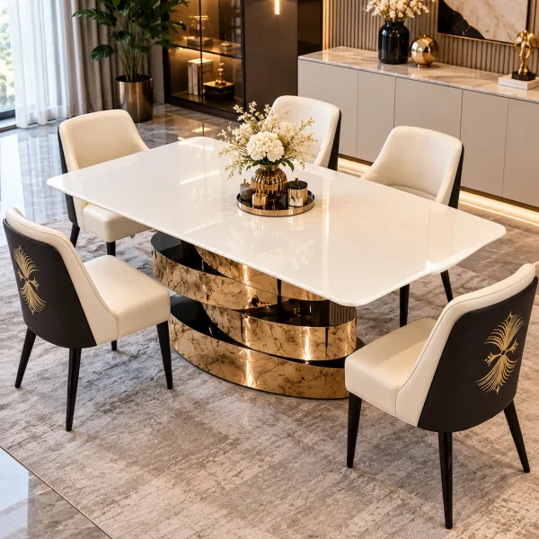6 seater marble dining table with sculptural stainless steel base