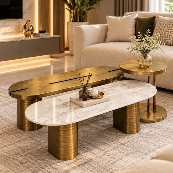 Trivora 3 piece marble centre table set with gold stainless steel in luxury living room