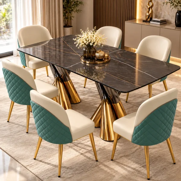 Modern black marble dining table set with teal upholstered chairs