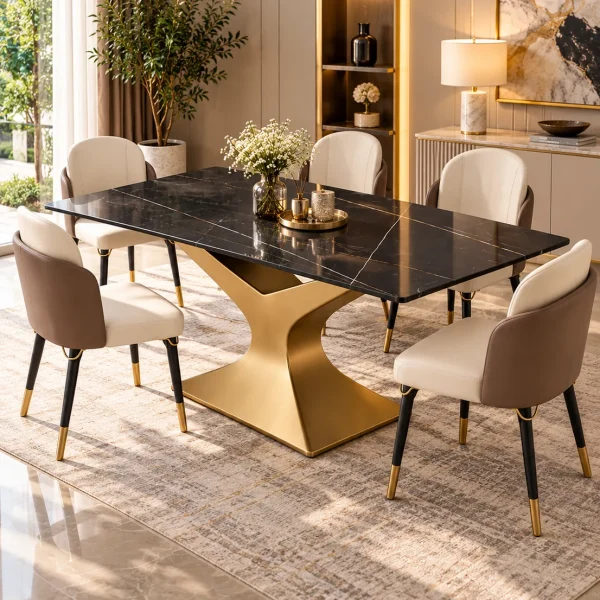 Rectangular black marble dining table with gold stainless steel base and cream upholstered chairs in a luxury dining room.